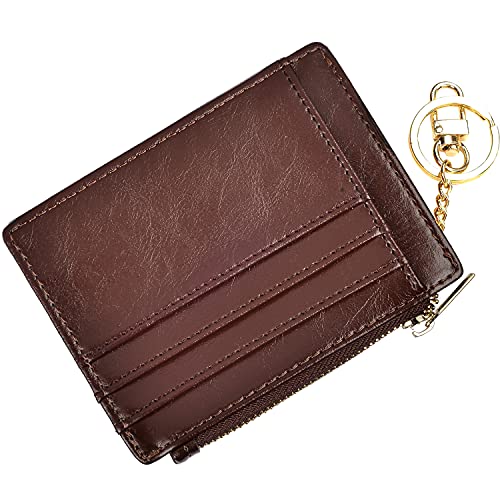 woogwin Slim RFID Credit Card Holder for Women Mini Front Pocket Wallet Purse With Keychain - color: Oil Coffee