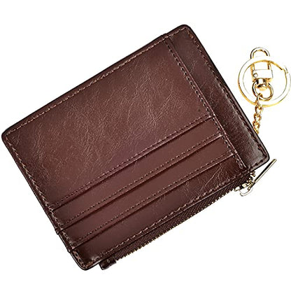 woogwin Slim RFID Credit Card Holder for Women Mini Front Pocket Wallet Purse With Keychain - color: Oil Coffee