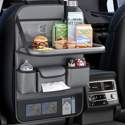 2 Pack Leather Car Seat Back Organizer with Foldable Tray Table, Backseat Car Organizer with Tablet Pocket, Cup Holders, Tissue Pocket, Mesh Pockets, Kick Mat Gray - color: Gray