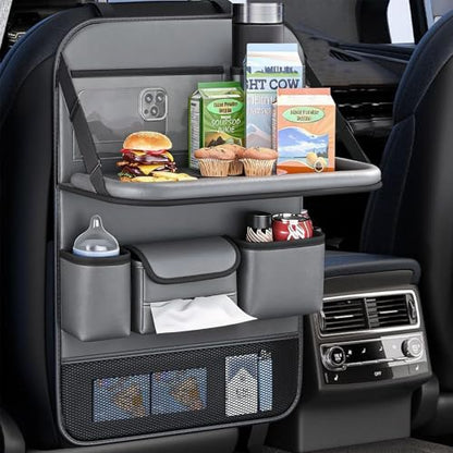 2 Pack Leather Car Seat Back Organizer with Foldable Tray Table, Backseat Car Organizer with Tablet Pocket, Cup Holders, Tissue Pocket, Mesh Pockets, Kick Mat Gray - color: Gray