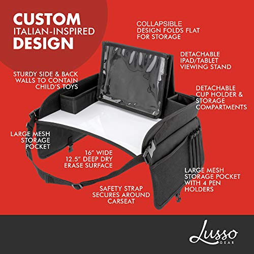 Lusso Gear Kids Travel Tray (Black) + Heavy Duty Car Seat Organizer (Black), Extra Large for Protection, Sag Proof & Reinforced Corners, Protects iPad & Backseat, 12 Versatile Car Seat Organizer Stora