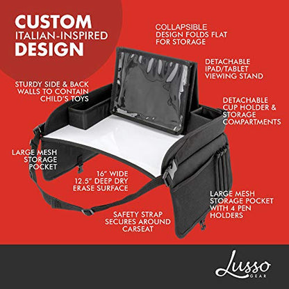 Lusso Gear Kids Travel Tray (Black) + Heavy Duty Car Seat Organizer (Black), Extra Large for Protection, Sag Proof & Reinforced Corners, Protects iPad & Backseat, 12 Versatile Car Seat Organizer Stora