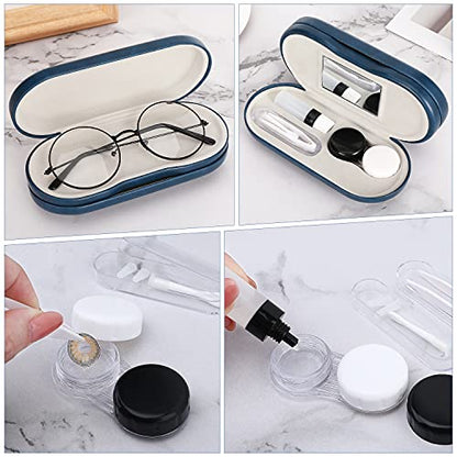 MoKo Double Eyeglass Case,Glasses and contact case 2 in 1 with Mirror - color: Blue