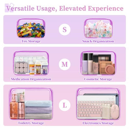 TISRATOK 12 PCS Clear Makeup Bags with Zipper, TSA Approved Toiletry Pouch - color: Purple, size: Large