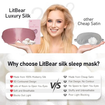 LitBear 100% 22 Momme Mulberry Silk Sleep Mask - 3D Contoured, Bean Pink - color: Bean Pink