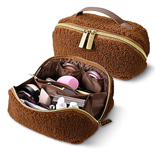 BYOOTIQUE Plush Makeup Bag Open Flat Travel Toiletry Accessories w/Handle - color: Brown, size: S