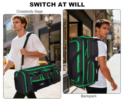 LHI 50L Tactical Duffle Bag for Men, 3-in-1 Gym Duffle and Backpack, Shoe Compartment, Laptop Sleeve and MOLLE, Carry-On Travel Weekender and Overnight Bag – Black with green zippers - color: Black Green