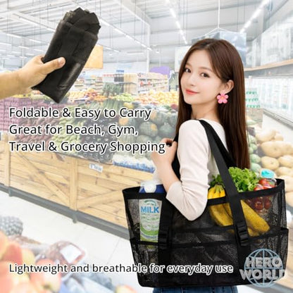Mesh Beach Tote Bag Large Capacity Pool Gym Laundry Tote Foldable with Pockets Lightweight Travel Bag - color: Sand Beige