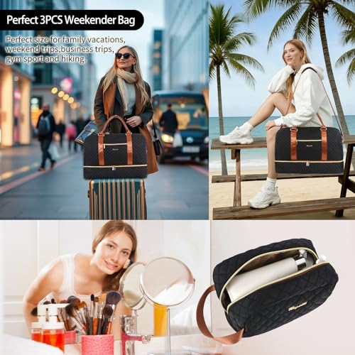 3PCS Weekender Bags for Women Large Overnight Bag, Black - color: Black