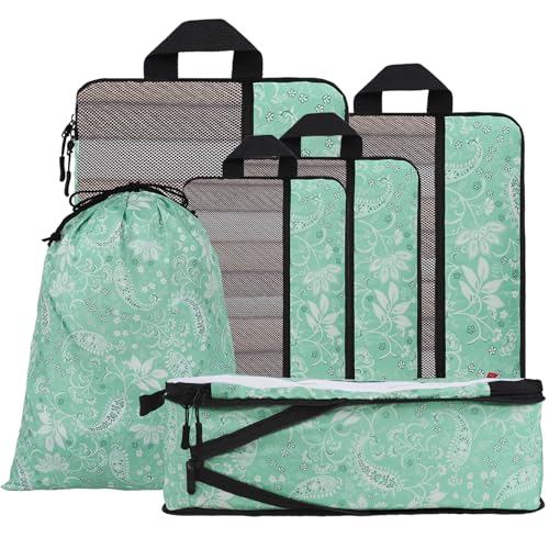 U+U 6 Set Compression Packing Cubes, Travel Organizers (Green Paisley) - color: Green Paisley, size: 6 Set