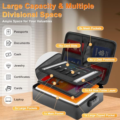 Fireproof Waterproof Document Bag with Lock for Important Files | Zipper Closure, Fits Laptop & Passport, Portable Travel Case, Secure Document Storage - size: 2000℉ Fireproof + 100% Waterproof Soft Bag