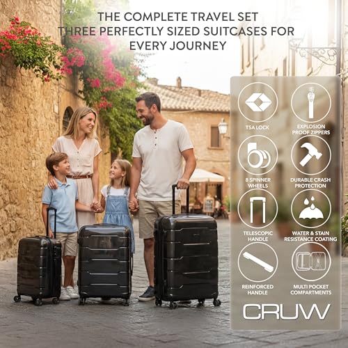 3-Piece Luggage Set Expandable Hardside Polypropylene Suitcase Set with TSA Locks & 8 Silent Spinner Wheels Lightweight Nested Suitcases Travel Set American Airline-Approved Carry-On - Black - color: Black, size: 3-Piece Set
