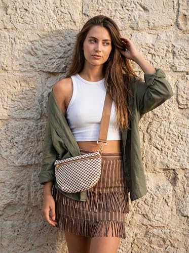 Woven Crossbody Bag for Women, Checkered PU Bum Bag Sling Purse with Adjustable Strap for Travel, Festivals - color: Brown and White Checkered Woven