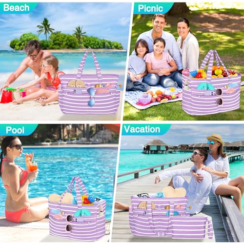 HUANLANG Extra Large Beach Bag Waterproof Beach Totes Bags for Women Men,Pool Bag with Zipper Wet Pocket - color: Purple White