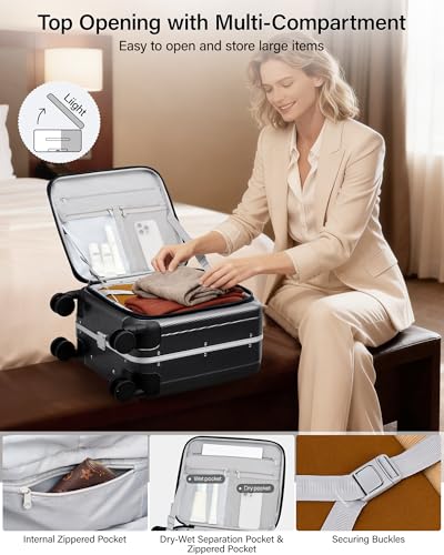 Hanke 16 Inch Small Carry On Luggage, Top Opening Aluminum Frame Suitcase - color: Black, size: 16 Inch
