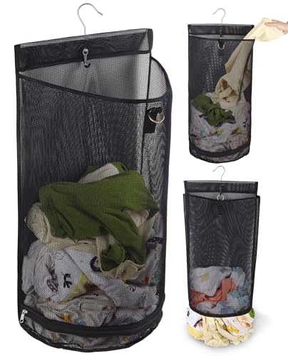 Hanging Collapsible Mesh Laundry Hamper - Breathable Fast Drying Laundry Bag, Space Saving Laundry Basket for Dorm, RV & Bathroom (Black) - color: Black