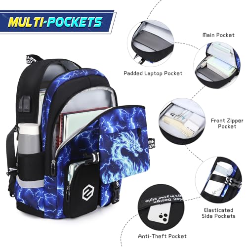 Scothen Boys Backpack, Cool Luminous Kids School Backpacks with Lunch Bag - color: Blue Dragon