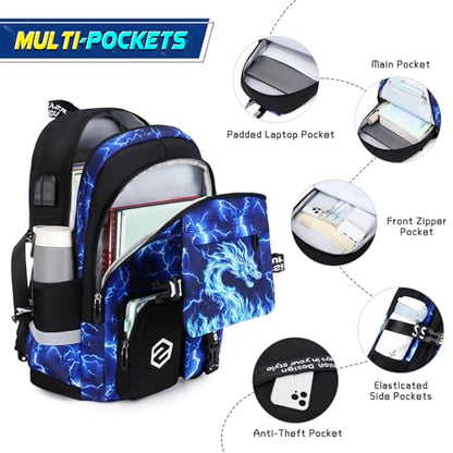 Scothen Boys Backpack, Cool Luminous Kids School Backpacks with Lunch Bag - color: Blue Dragon