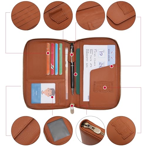 Leather Zipper Passport Wallet Holder Travel Essentials with RFID Blocking - color: Brown