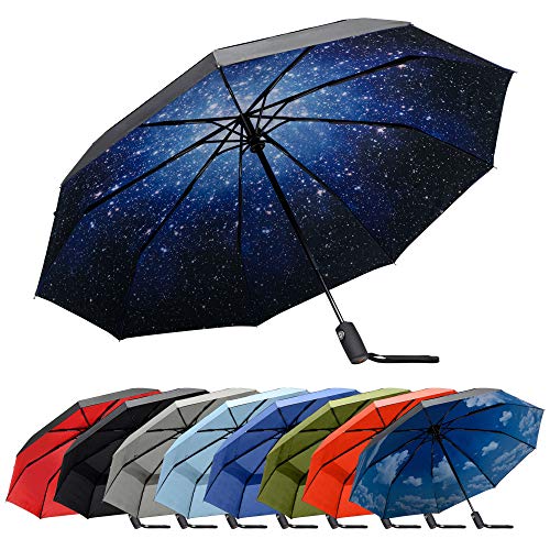 RainPlus Windproof Travel Umbrella - Compact, Automatic, Folding and Portable - Umbrellas For Rain for Men and Women - Car, Backpack, Purse, Strong & Wind Resistant - color: Black/Galaxy