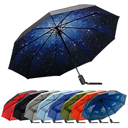 RainPlus Windproof Travel Umbrella - Compact, Automatic, Folding and Portable - Umbrellas For Rain for Men and Women - Car, Backpack, Purse, Strong & Wind Resistant - color: Black/Galaxy