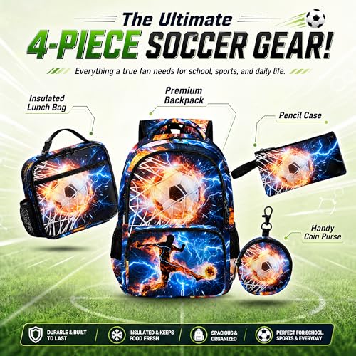 Soccer Backpack Set for Boys, Kids Football Backpack for School with Lunch Box, Pencil Case and Coin Purse (Blue&Fire red) - color: Blue&fire Red