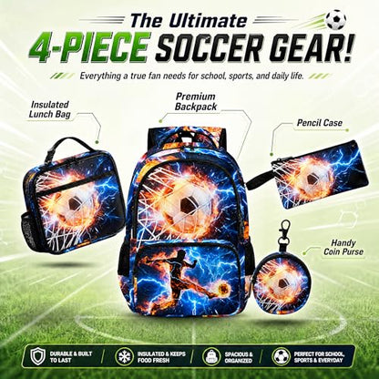 Soccer Backpack Set for Boys, Kids Football Backpack for School with Lunch Box, Pencil Case and Coin Purse (Blue&Fire red) - color: Blue&fire Red