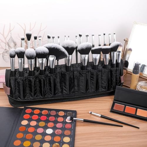 Professional Makeup Brush Organizer Bag PU Leather Travel Case | Multiple pockets portable case, safely store and protect brushes for makeup artists