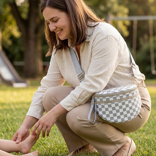 Checkered Crossbody Bags for Women Large Belt Bum Bag Nylon Fanny Packs with Adjustable Strap(Gray Checkered) - color: Gray Checkered
