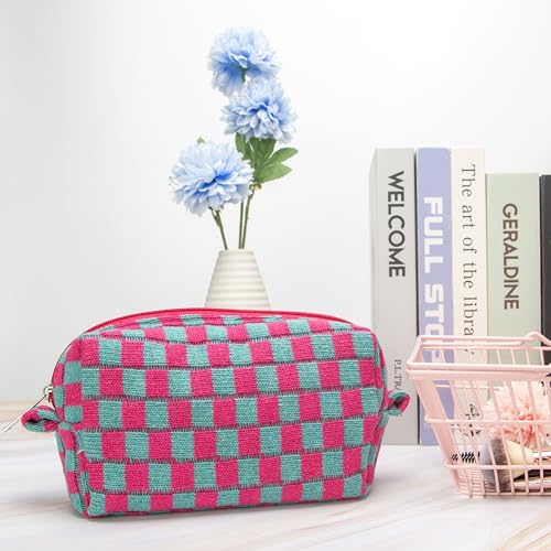 Checkered Makeup Bag for Purse, Small Travel Cosmetic Pouch,Magenta Green - color: Magenta Green