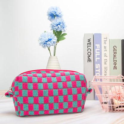 Checkered Makeup Bag for Purse, Small Travel Cosmetic Pouch,Magenta Green - color: Magenta Green