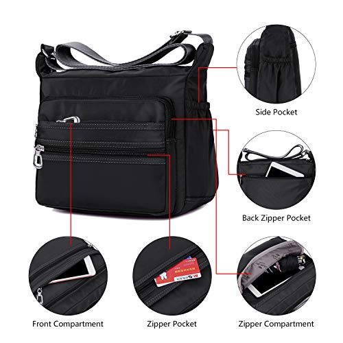 Crossbody Bag for Women Waterproof Shoulder Bag Multi Pockets Nylon Purse - color: Black-l
