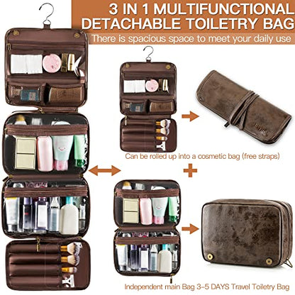 Elviros Hanging Toiletry Bag Removable Travel Bag PU leather Makeup Cosmetic Organizer Kit, Coffee - color: Coffee, size: 1 Pack