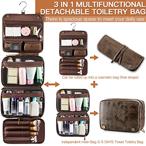 Elviros Hanging Toiletry Bag Removable Travel Bag PU leather Makeup Cosmetic Organizer Kit, Coffee - color: Coffee, size: 1 Pack