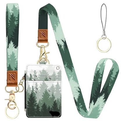 2-in-1 ID Badge Holder & Lanyard Wallet，Cute Zippered Pouch Forest - color: Forest