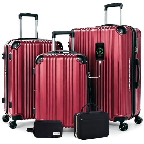 OUZZO 3 Piece Luggage Sets Hardshell Expandable Suitcases Sets with Double Spinner Wheels Lightweight ABS+PC Checked Luggage with TSA Lock for Women Men Family Trips - color: Red, size: 20/24/28 inch