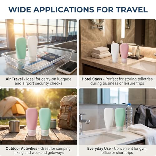 4 Pack 1oz/30ml Travel Bottles for Toiletries, Leak Proof Refillable Silicone Squeezable Travel Accessories with EVA Bag & Labels for Shampoo Conditioner Lotion Liquids & To Go Use - color: D