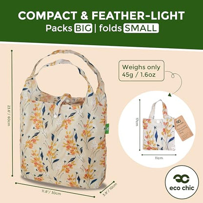 ECO CHIC Foldable Reusable Grocery Bags - Lightweight, Recycled & Reusable Shopping Bag - Waterproof Packable Tote - color: Flowers Beige