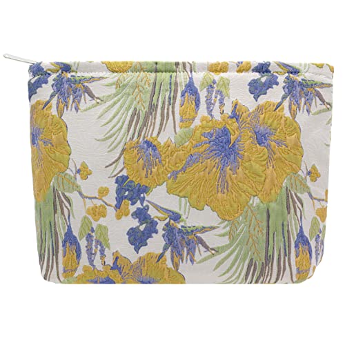 Flat Makeup Bag for Women,Zipper Cosmetic Pouch Purse,Brocade Flower Yellow - color: Brocade Flower Yellow
