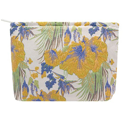 Flat Makeup Bag for Women,Zipper Cosmetic Pouch Purse,Brocade Flower Yellow - color: Brocade Flower Yellow