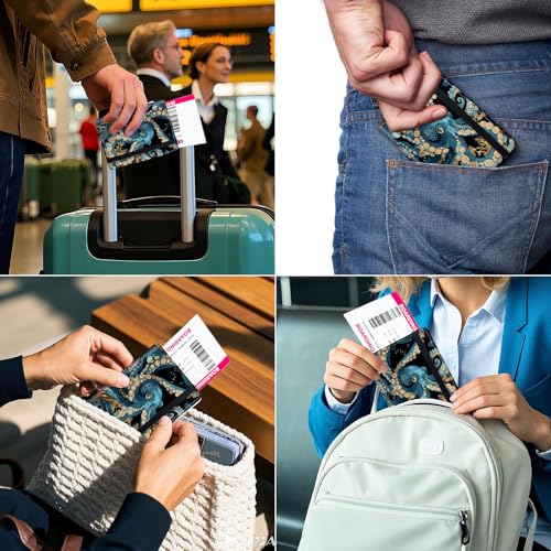 RFID Security Premium Passport and Travel Document Holder Combo, Slim PU Leather Folio Wallet with 3 Card Slots & Boarding Pass Pocket, Secure Elastic Closure Organizer, Blue Octopus - color: Blue Octopus