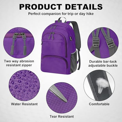 HOLYLUCK 20L lightweight packable Hiking Daypack Foldable Backpack for Men Women Small Travel Outdoor Foldable Shoulder Bag - color: Purple