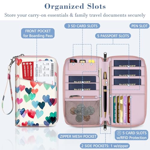 FINTIE Family Passport Holder Wallet Travel Document Organizer Clutch Bag - color: Raining Hearts
