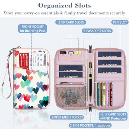 FINTIE Family Passport Holder Wallet Travel Document Organizer Clutch Bag - color: Raining Hearts