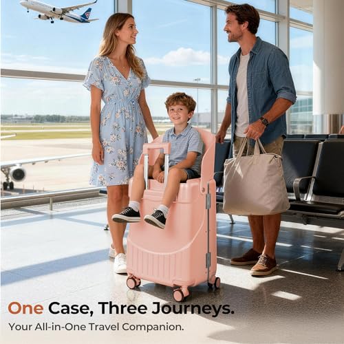 20" Ride-On Luggage with Child Seat, Hardside Carry-On Suitcase with Shockproof 360° Silent Spinner Wheels, TSA Lock, Kids & Adults & Busy Moms - color: Pink