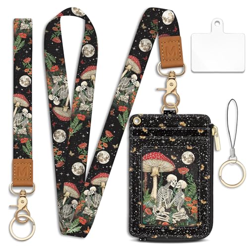 Skull Lanyard Wallet with Id Badge Holder Keychain for Card Women - color: Skeleton Mushroom