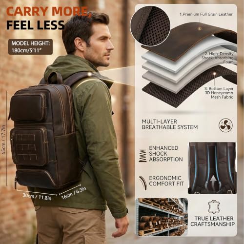Full Grain Leather Backpack for Men, 17" Laptop Travel Rucksack, Brown - size: fits 17" laptop