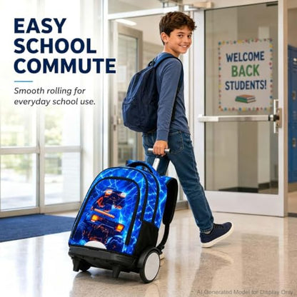 20 Inches Large Wheels Rolling Backpack for Boys with Detachable, 3Pcs Kids Lightning Truck Wheeled Backpack Set for Elementary School (Blue) - color: Lightning Dual-cab Truck (Large Wheels)