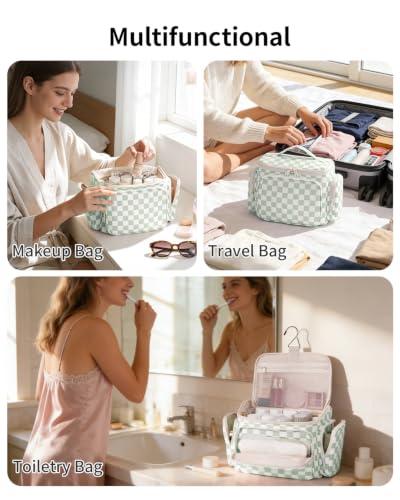 Narwey Hanging Travel Toiletry Bag for Women, Large Makeup Cosmetic Bag - color: A-Green Checkerboard