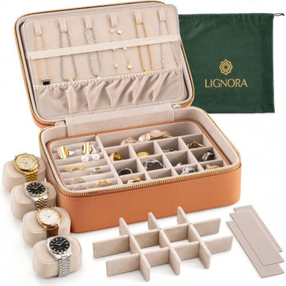 Luxury Travel Jewelry Organizer for Men & Women, Large Customizable Case - color: Brown